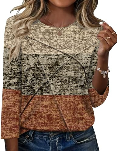 Kistore Ladies Tops 3/4 Sleeve Top for Women Crew Neck Pleated Shirts S-XXL