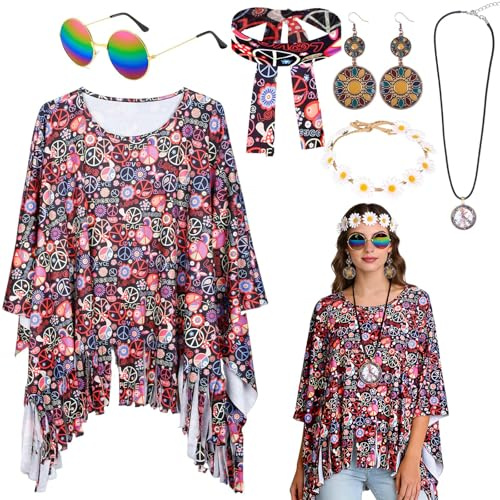 Kitimi Boho Hippie Kostüm Damen, 70er Jahre Poncho Set mit Accessoires - Halskette, Ohrringe & Sonnenbrille für Karneval, Festivals & Mottoparty
