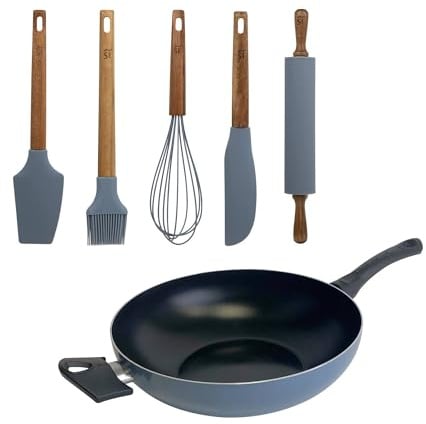 Wok de Ø30cm en Aluminio prensado color Azul + Set de 5 Utensilios de silicona y madera NOIA San Ignacio