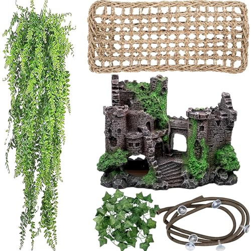 5 Pcs Bearded Dragon Vivarium Accessories, Gecko Hide, Hammock and Vines | Resin Castle; Natural Seagrass; Realistic Silk Plants; Flexible Vine; Suction-Cup Setup; Leopard Geckos, Snakes, Chameleons