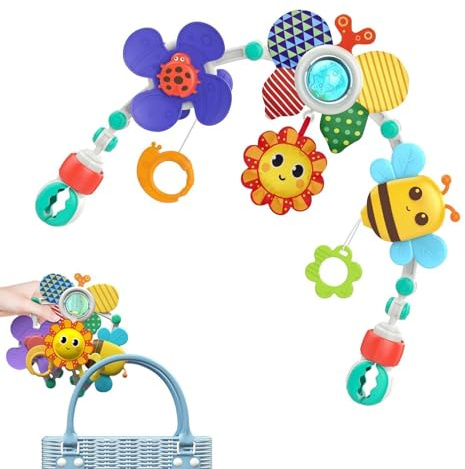 Mobiler Spielbogen für Kinderwagen & Autositz – Activity Arch mit Tier | Thema: Marienkäfer-Windrad, Rasseln & flatternen – Verstellbarer Greif- & Lernbogen für Babyschale, Wippe & Reisebett
