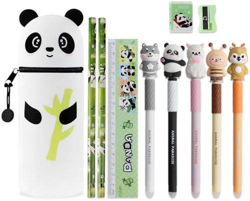 Lvjkes Silikon Federmäppchen, 2 in 1 Kawaii Federmappe (Panda-Bambus 1) | Cartoon Stand Up Einstellbar, Mit 4 Gelschreiber, 2 Bleistifte, Anspitzer, Radiergummi Für Kinder, Mädchen, Junge, Teenager
