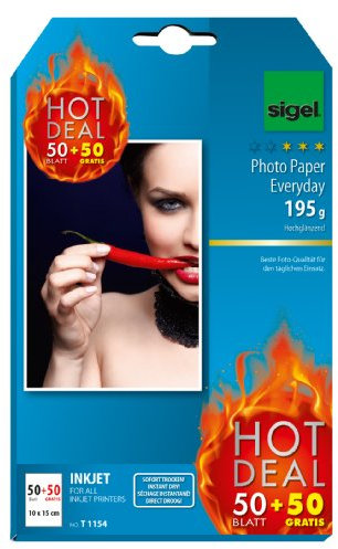 SIGEL T1154 InkJet Fotopapier, 50 + 50 Blatt gratis, 10 x 15 cm, hochglänzend, 195 g