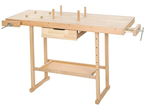 tectake® Banco da Lavoro In Legno, Tavolo da Lavoro con Cassetto, Ripiano e Ganci Utensili, Banco da Falegname per Officina e Garage, 137 x 50 x 87 cm