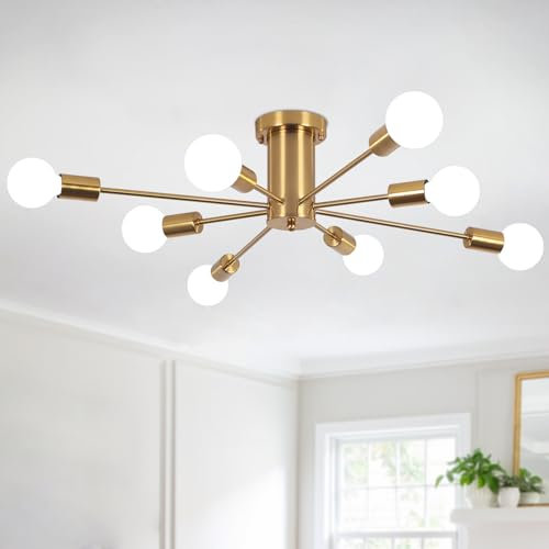 ASHUAQI Ceiling Lights Living Room, 8 Lights E27 Socket Gold Ceiling Lights, Semi Flush Mount Sputnik Ceiling Light, Modern Chandeliers Ceiling Light for Kitchen, Bedroom, Dining Room, Hallway