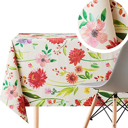 KP HOME Abwischbare PVC-Tischdecke, rechteckig, 250 x 140 cm, abwischbare Tischdecke für bis zu 8 Sitze, wasserfester Vinyl-Wachstuchbezug in Cremebeige, bunt, blühender Blumengarten