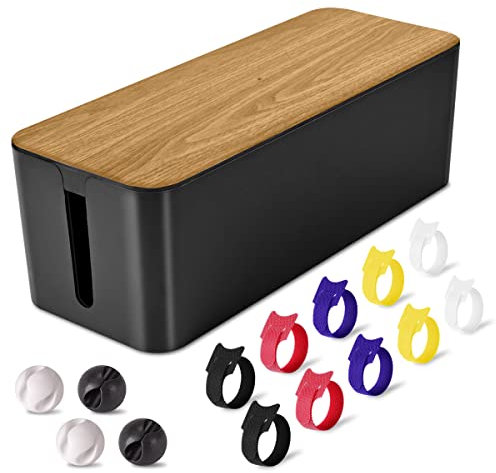 Cable Management Box Large - Wooden Grain Cable Organizer Box to Hide Wires&Power Strips,TV&Desk Computer Wires,with Cable Clips&Reusable Cable Ties for Home&Office(Black)