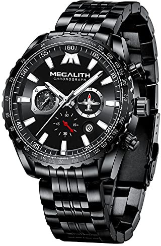 MEGALITH Uhren Herren Edelstahl Chronograph: Schwarz Armbanduhr Herren Große mit Datum - Wasserdicht Quarz Uhr fur Männer Designer