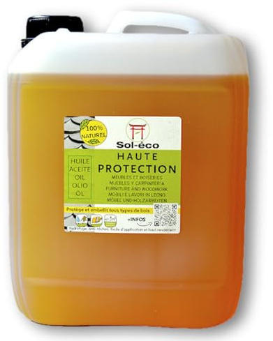 (Sol-éco) Aceite de alta protección -Protección de la madera interior - 5L | Fluido y penetrante - Tung y aceite de naranja (D-limoneno) - Parqué, encimeras de trabajo, baño, Hidrofóbico