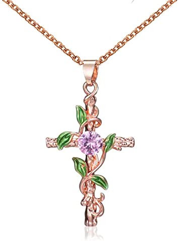Sttiafay Collier croix en cristal avec feuille enveloppée de croix et diamant - Or rose - Longue chaîne - Bijoux pour femmes et adolescentes (or rose)