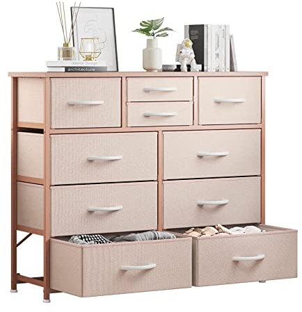 LUMTOK 10-Drawer Dresser, Fabric Storage Dressers Drawers for Bedroom, Hallway, Nursery, Closets, Steel Frame, Wood Top, Easy Pull Handle (Rose Gold)