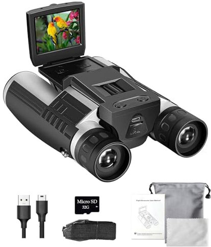 Binoculares digitales con pantalla LCD de 2 pulgadas con cámara de 12 x 32 5 MP, función de grabación de video, prismáticos con correa de tarjeta de memoria de 32 GB y bolsa
