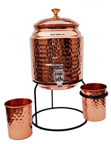 Ornate International Copper water dispenser 3000ml, 2pcs glass 300 ml with stand, 36 cms height, 18 cms Depth 1500 gms 0.79 Gallon For Water Storage