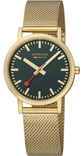 Mondaine Classic Damen Quarz Armbanduhr aus Edelstahl mit Edelstahl Band, 36 mm, A660.30314.60SBM, grün (Forest Green)