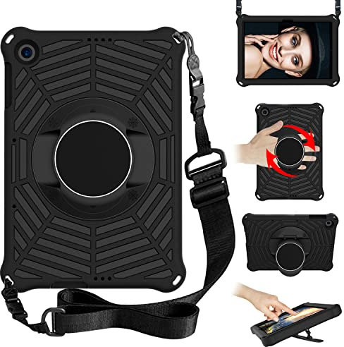 Tablet Case for Huawei MatePad T10s 10.1/ T10 9.7 Inch, Kids Friendly 360 Rotatable, Built in Kickstand, with Shoulder Strap, Heavy Duty Shockproof Rugged Protective Cover Spider Web Pattern Black