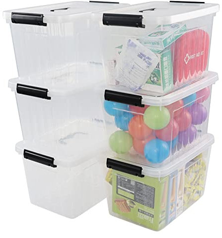 Sosody 10 Liters Clear Plastic Storage Boxes with Lid, Latch Storage Box, Set of 6