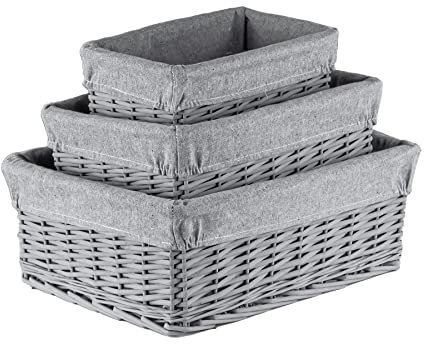 Innoteck Essentials Set of 3 Wicker Storage Baskets with Lining - Decorative Kitchen Bathroom Hamper - Portable Basket with Washable Cloth Liners - Ideal for Home/Office & Gifts Hamper (Grey)