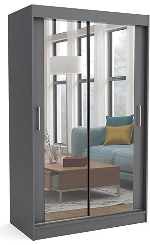 Brent - Kleiderschrank mit Schiebetüren Windsor David I 100x200x60 cm I mit Spiegel, Stangen und Einlegeböden für Kleidung I Laminierte Spanplatte I Aluminiumschienen I Anthrazit