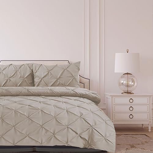 Bronwen Mathews Pintuck Double Duvet Cover Set - Linen Pinch Pleat Soft Microfibre Quilt Cover with 2 Pillowcases, Easy Care Wrinkle Free Bedding Set of 3 Pcs