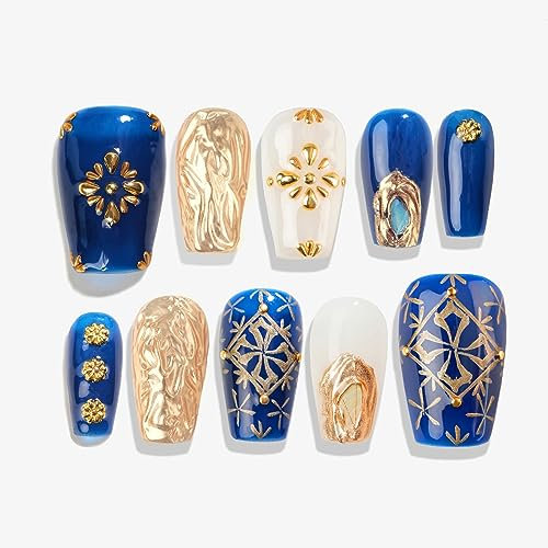 Sun&Beam Nails Handgefertigte Kunstnägel Kurz Sargform Ballerina Nägel zum Aufkleben in Blau Gold Glänzend Handgemalt Ombre Design mit Klebepads 10 Stück (#102 S)