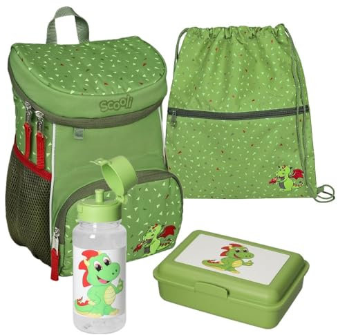 Familando Scooli Mini-Me Kindergarten Rucksack für Jungen und Mädchen | 4-tlg. Set mit Brotdose und Trinkflasche | Ergonomischer Vorschulrucksack für die Kita | Diego Dragon Drachen Grün