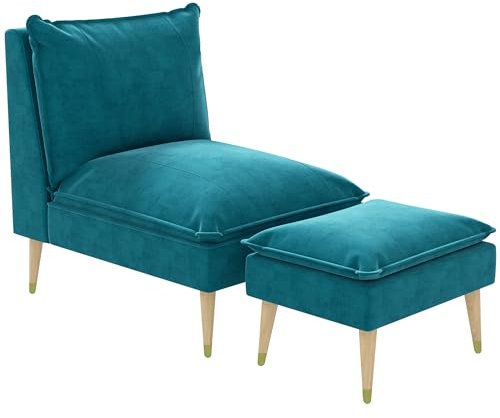 HOMCOM Fauteuil de Relaxation avec Repose-Pieds Fauteuil Relax de Salon avec Pieds en Bois d'hévéa revêtement Aspect Velours Bleu