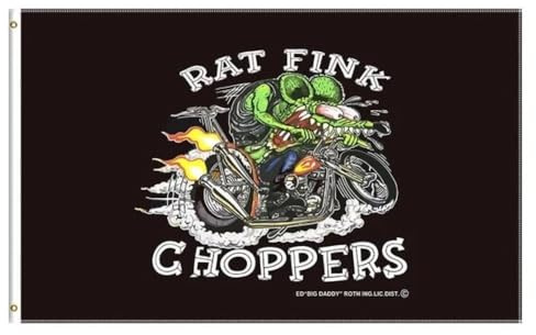hotrodspirit - Flagge Rat Fink Choppers mit einem Motorrad Kustom Kulture Rare 150 x 90 cm rot-weiß-blau