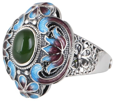 Anello fiore smaltato blu con pietra verde in argento sterling 925 anello cloisonné filigrana gioielli per donna aperto regolabile