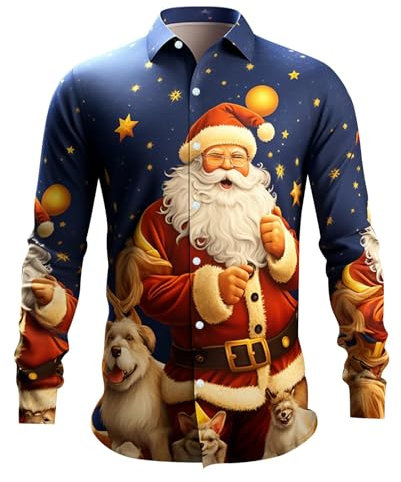 PAIDAXING Men's Christmas Shirts Funny Santa Clus Digital 3D Printed Tops Casual Button Down Lapel Long Sleeve Polo Shirts Graphic Xmas Tshirts Blouse Christmas Outfits for Men UK Navy
