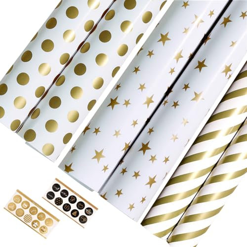 Geschenkpapier Geburtstag, 6 Blatt Kinder Packungen Geschenkpapier, Gold Geschenkverpackung Papier für Geburtstag Abschlussfeiern(70X50cm)