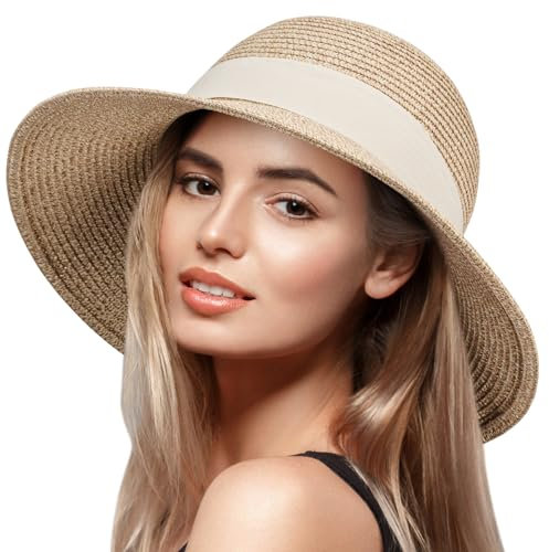 VIFUUR Damen Strohhüte Breiter Rand Sommervisier Strand Sonnenhut Verpackbare UPF UV Faltbare Reise Mix Beige/White M/L