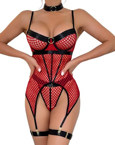 EVELIFE Dessous Set für Damen Sexy Gothic Bodysuit Strapsen Oberschenkel Strumpfgürtel Halsreif Unterwäsche Babydolls ohne Strümpfe (Rot,XL)