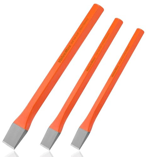 ValueMax Set di Scalpelli da 3 Pezzi, Scalpello Piatto in Acciaio Cr-V, Scalpello a Freddo (10 mm, 12 mm, 16 mm), per Roccia/Pietra/Muratura/Cemento/Malta/Edilizia