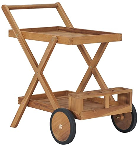 GOLINPEILO Wooden Tea Trolley with 2 Tier Shelves and 2 Smooth Castors 21.3x32.3x32.7 Solid Teak Wood, -544