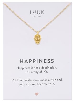 LUUK LIFESTYLE Edelstahl Halskette mit Tannen Zapfen Motiv, Geschenkidee für Naturliebhaber mit HAPPINESS Spruchkarte, Glücksbringer, Gold