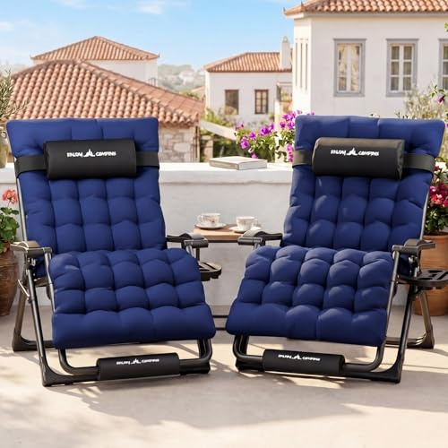 UDPATIO Set of 2 Sun Loungers with Cushion for Garden, Outdoor Reclining Zero Gravity Chair with Cup Holder, Extra Wide Folding Lounger Chair for Patio Beach Pool, Support 200kg Navy XL