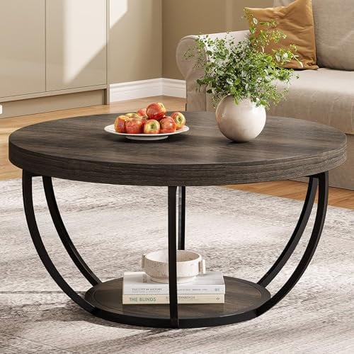 Tribesigns Round Coffee Table, 31.7 Wooden 2-Tier Circle Coffee Table with Storage Shelves, Modern Accent Cocktail Table Center Table for Living Room, Grey