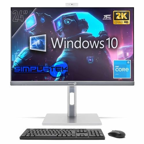 SIMPLETEK - All-in-One PC 24 2K 75Hz Core i5 | Windows 10 Pro 8GB RAM und SSD 240GB | Computer All-in-One VESA-Anschluss Webcam Built-in Stand verstellbar