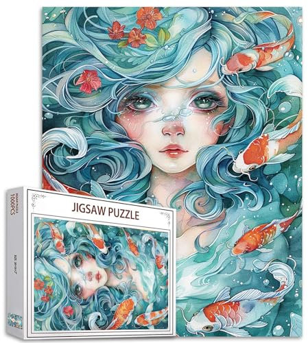 Tucocoo Aquarell-Puzzle für Erwachsene, 1000 Teile, Koi-Fisch, Blauer Ozean, abstrakte Kunst, Puzzle, bunt, DIY-Handarbeit, Puzzles für Heimdekoration, Familienpuzzle, perfekt für Spielabende