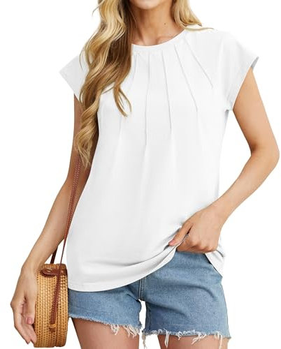 GRECERELLE T Shirts for Women UK, Summer Tops for Ladies UK, Cap Sleeves Casual T-Shirt, Casual Pleated Ladies Summer Tops (White, XL)