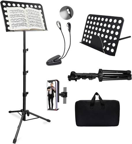 Tialero Notenständer mit Licht und Handyhalterung, 177,8 cm, tragbarer Notenständer für Noten, hohe Stabilität, höhenverstellbarer Notenständer mit Tragetasche, Notenbuchhalter (83,8–177,8 cm)