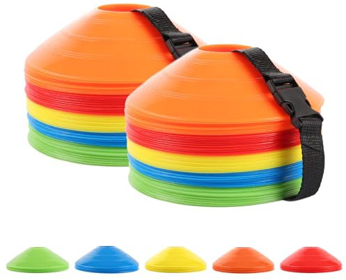 LOPYXBR 100 Stück Hütchen Fussball, 5 Farben Markierungshütchen Fussball Hütchen Set mit Gurt, Runde Trainingshütchen Hütchen Fussball Trainingskegel für Fußball und Leichtathletik