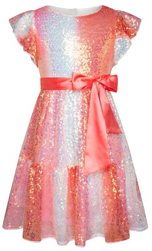 GRACE KARIN Vestito da ragazza con paillettes manica corta girocollo principessa abito con fiocco festivo A-line abito 6-14 anni, Rosa a righe, 14 anni