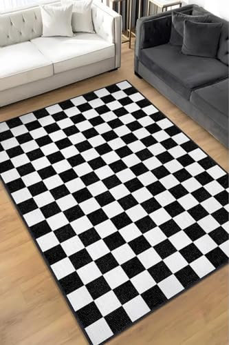 Konfor Halı Retro Minimalist Karo Teppich, Weich, Anti-Rutsch, Baumwolle Basis, Waschbar, Ideal für Wohnzimmer, Schlafzimmer, Küche, 200x300cm, Schwarz-Weiß