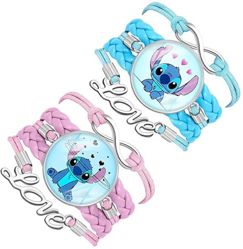 Fanoyo Stitch Armband, 2 Stücke Cartoon Anime Armband, Geflochtenes Lederarmband, Stitch Verstellbares Blau Stich Cartoon Bettelarmband für Mädchen Geburtstags Mädchen
