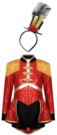 Freebily Mädchen Zirkus Zirkusdirektor Kleid Hut/Haarschmuck Set Kinder Tanz Outfit Glitzer Tanzkleid Langarm Tanzbody Für Halloween Karneval Party Rot&Haarreif 170