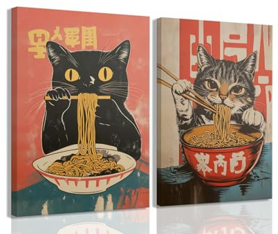 Gerahmte lustige schwarze Katze, Leinwand-Kunst-Set, 2er-Set, japanische Katze, die Ramen isst, einzigartige Geschenke und Tierliebhaber, Druckbild für Wohnzimmer, Küche, Esszimmer, Wanddekoration