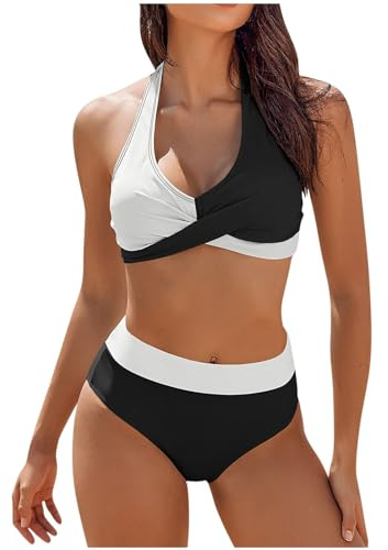 Shffuw Badeanzug Damen Bikini Set Tummy Control V Neck Halterneck Schwimmanzug Damen Neckholder Rückenfrei Bauchweg High Waist Bikini Set Push Up Sexy V Ausschnitt Zweiteiliger Badeanzüge Bademode
