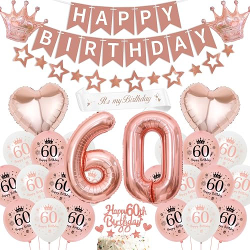 60 Geburtstag Deko Frauen Rosegold Luftballon - 60 Jahre Geburtstagsdeko Happy Birthday Banner und Sternen Girlande, Zahl Sterne Herzform Folienballons Tortendeko Schärpe für Geburtstagsparty