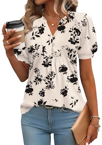 Rapbin Womens Tops Puff Short Sleeve Summer T Shirts V Neck Elegant Floaty Floral Printed Tunic Blouse Apricot Black Floral-XL(UK 18-20)
